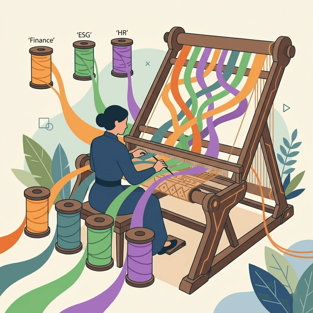 Ilustración de una auditora tejiendo diferentes silos de información en una visión coherente.