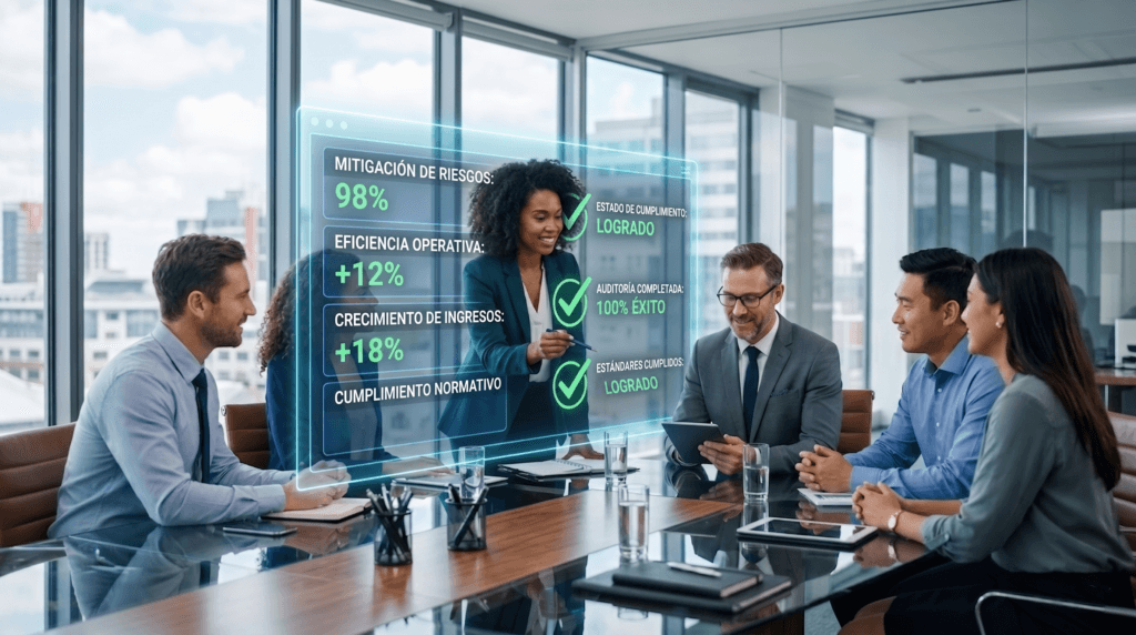 Imagen ilustrativa de ejecutivos viendo un tablero de cumplimiento apoyado por datos.
