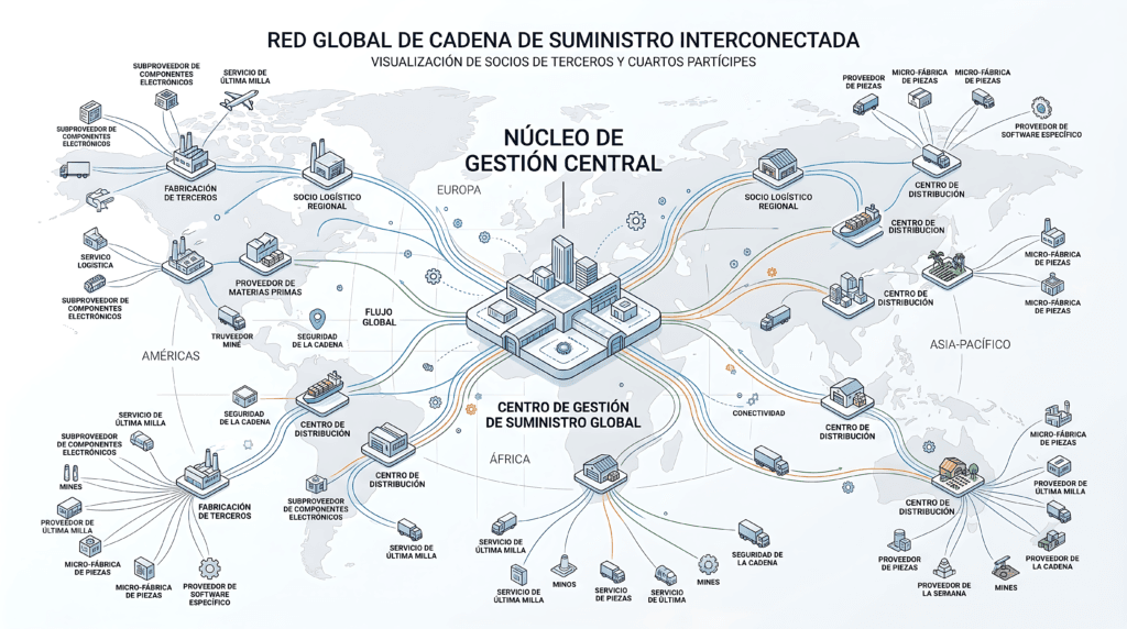 Ilustración de una cadena de suministro global, demostrando la complejidad de dichas cadenas tercerizadas