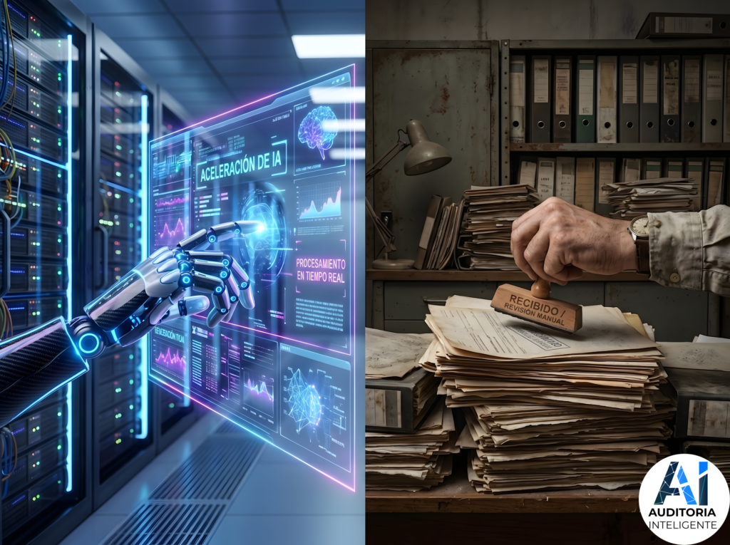 Comparación entre la aceleración de IA con procesamiento en tiempo real y la revisión manual de documentos físicos