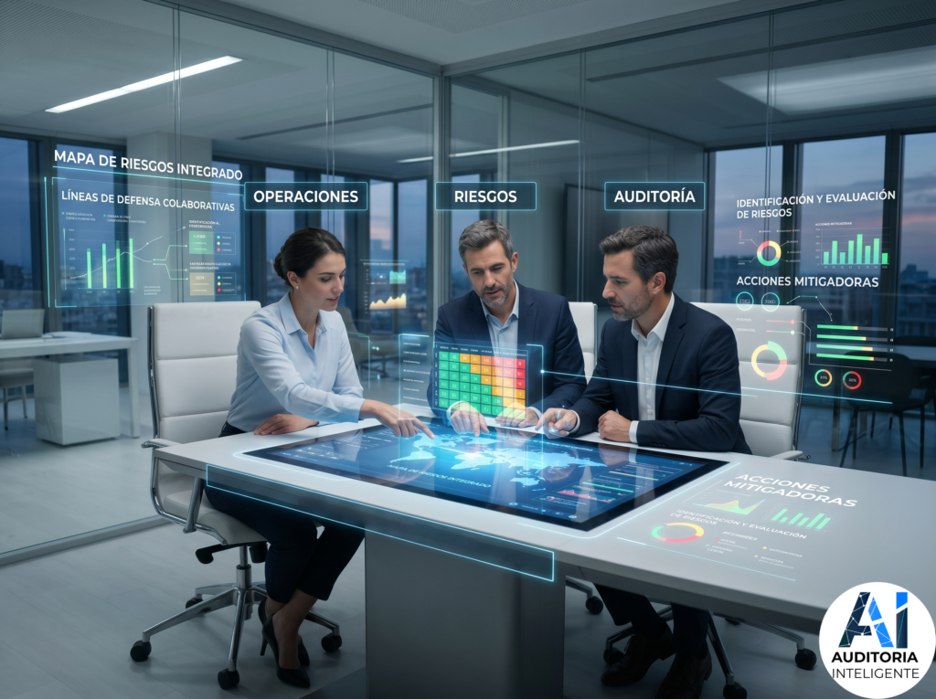 Tres profesionales de Operaciones, Riesgos y Auditoría colaboran sobre una mesa digital con un mapa de riesgos integrado