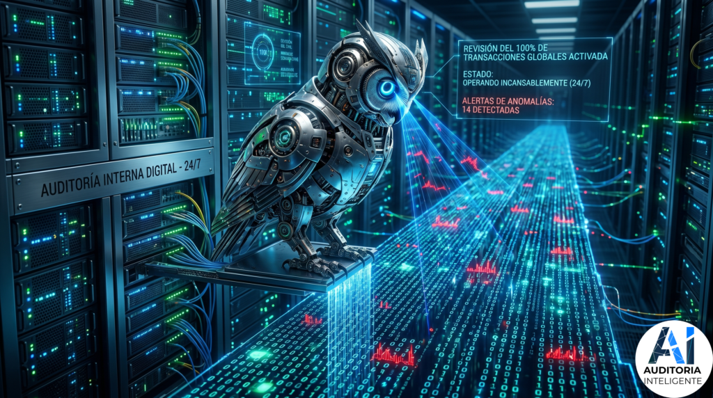 Búho robótico de auditoría digital 24/7 revisando el 100% de transacciones y detectando anomalías en un centro de datos