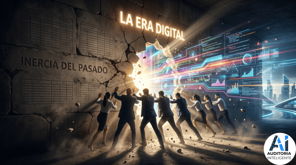 Profesionales derribando un muro que dice Inercia del pasado para revelar un entorno luminoso de la era digital