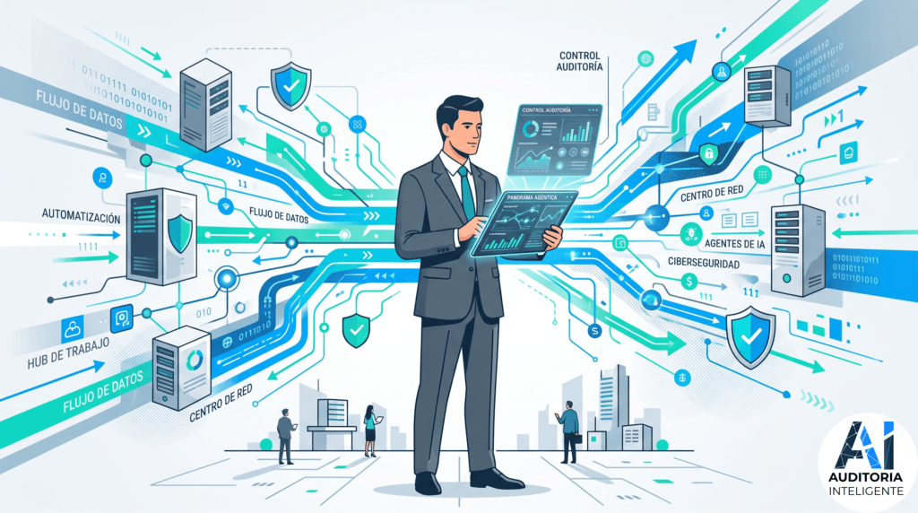Profesional gestionando una red digital de flujos de datos, ciberseguridad y agentes de IA para auditoría inteligente
