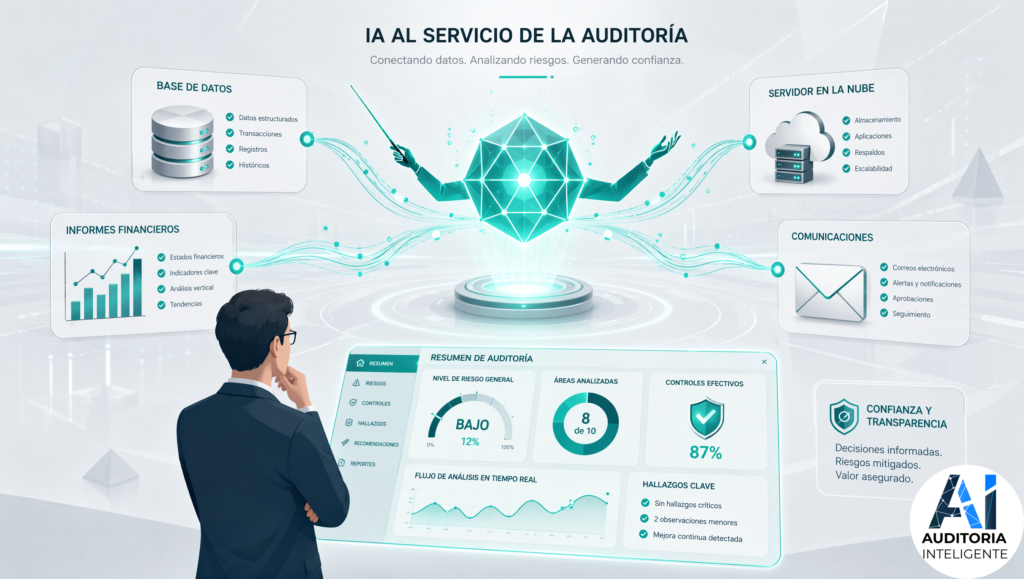 Infografía de IA para auditoría conectando fuentes de datos a un tablero con métricas de riesgo, controles y hallazgos