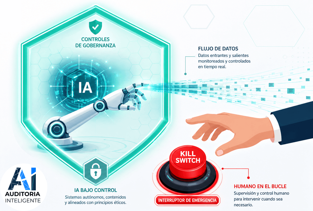 Monitoreo en tiempo real del flujo de datos, la IA bajo control ético y la supervisión humana mediante un Kill Switch de emergencia