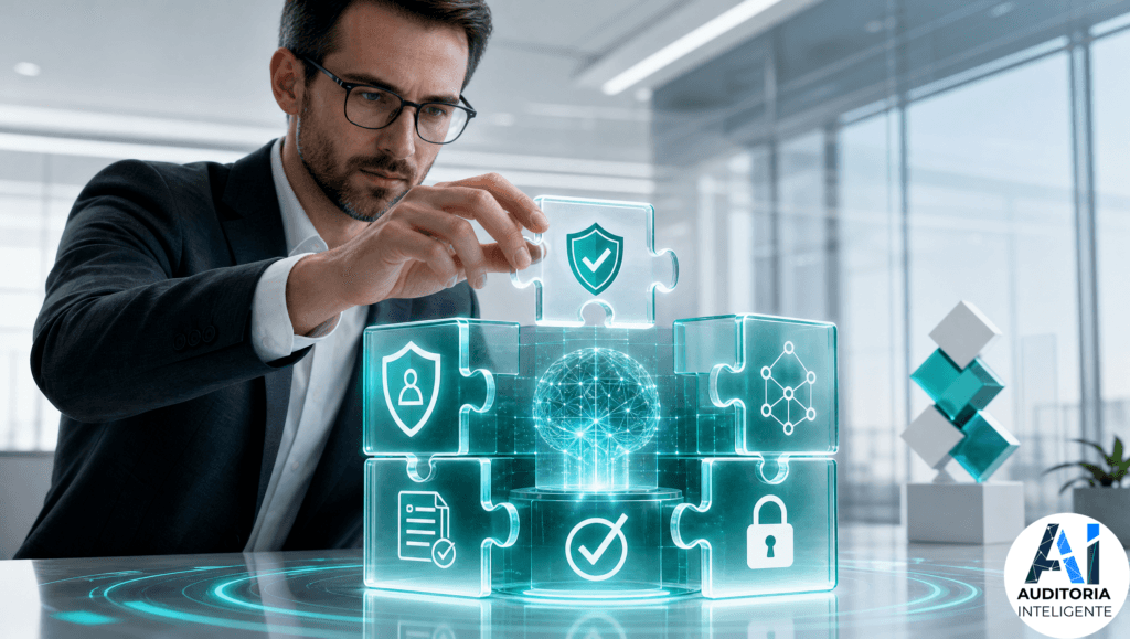 Persona armando un rompecabezas con iconos de gobernanza y seguridad que rodean un núcleo de inteligencia artificial.