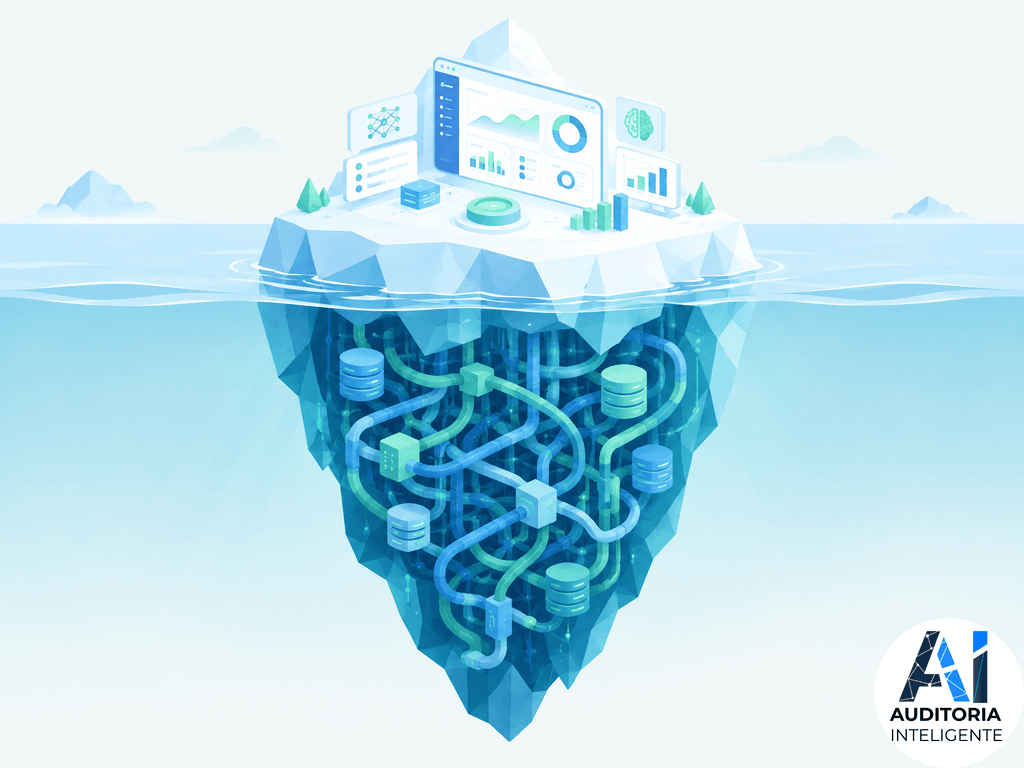 Iceberg con un panel de interfaz e IA en la superficie y una compleja red oculta de tuberías y datos bajo el agua